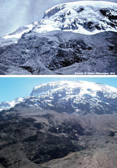 A photograph by Edward Oehler taken in 1912 (top) shows the extent of the icecap atop Mount Kilimanjaro, and a similar photo taken in 2006 by Georg Kaser illustrates the icecap's decline. Photos: Edward Oehler Georg Kaser