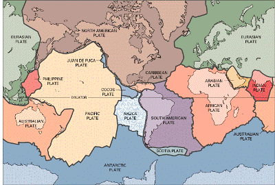Modern plate tectonic map, reproduced courtesy of the United States Geological Survey from Dynamic Earth - the story of Plate tectonics http://pubs.usgs.gov/gip/dynamic/dynamic.html