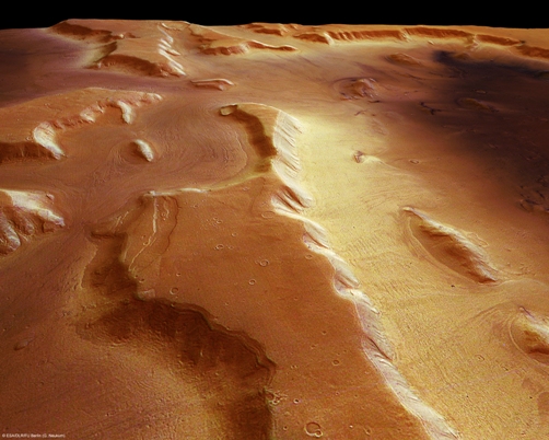 This image shows a perspective view of the Deuteronilus Mensae region on Mars. It was taken on 14 March 2005 by the High-Resolution Stereo Camera (HRSC) onboard ESA’s Mars Express with a ground resolution of approximately 29 metres per pixel.