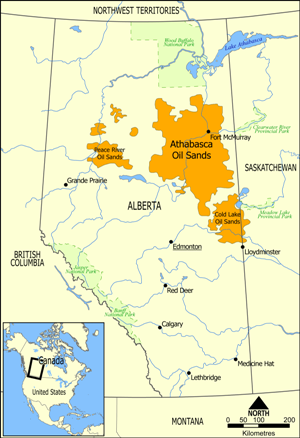 This map shows the extent of the oils sands in Alberta, Canada. The three oil sand deposits are known as the Athabasca Oil Sands, the Cold Lake Oil Sands, and the Peace River Oil Sands.