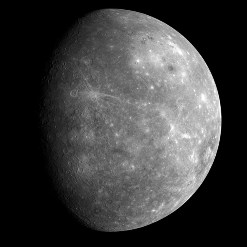 Surface: First look at uncharted terrain on the planet Mercury, during the flyby on 14 January, 2008.