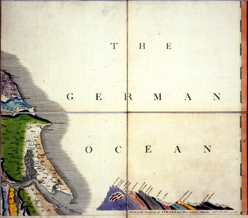 The cross section of William Smith’s Geological Map of England and Wales and Part of Scotland (1815-1817). Smith seems to have surmised that the topography of Wales was too high for erosion to have reached the granites.