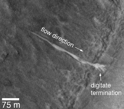 An enlargement of a portion of another image from August 2005, showing details of the new, light-toned gully deposit.