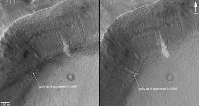 A comparison of the gully site on December 22, 2001 (left), with a mosaic of two images acquired after the change occurred (the two images are from August 26 and September 25, 2005). (150metre scale bar)