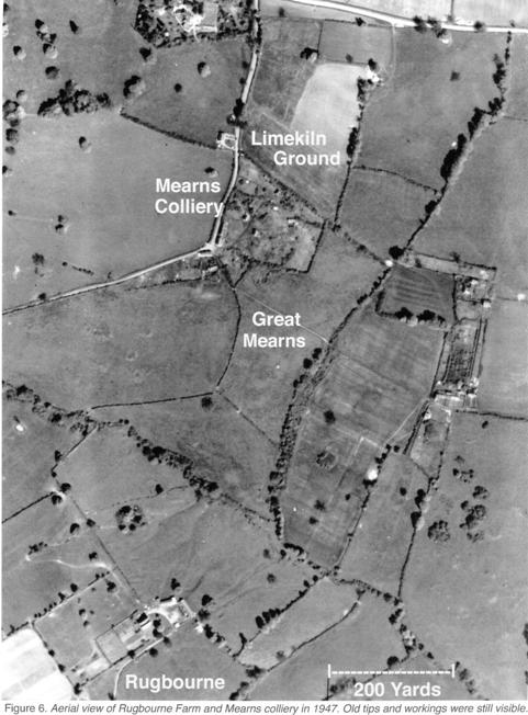 Aerial view of Rugbourne and the site of Mearns Colliery, 1947