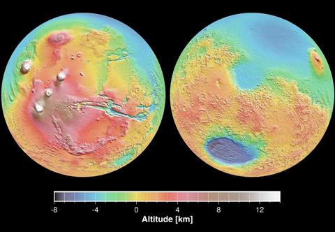 Topographic map of Mars showing the volcanic Tharsis region (shown in red), and the lowlands of the northern hemisphere that are the proposed site of an ancient ocean (shown in blue in the upper parts of both images).