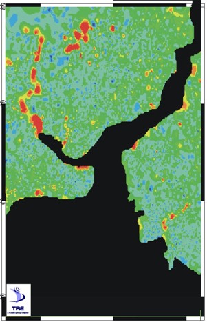 Figure 9 – Detail of PSI subsidence data (red) revealing vulnerable soft foundation geology in the ancient river channels and coastal embayments of Istanbul (courtesy of TRE & Terrafirma).
