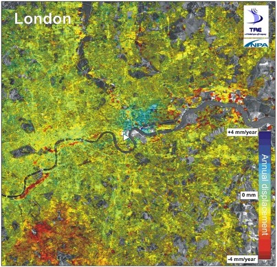 Figure 1 Interpolated Persistent Scatterer InSAR (PSI) image of a 900km2 area of London showing average ground velocities in mm/yr away from the satellite, indicating subsidence (red), and towards the satellite, indicating ground heave (blue).
