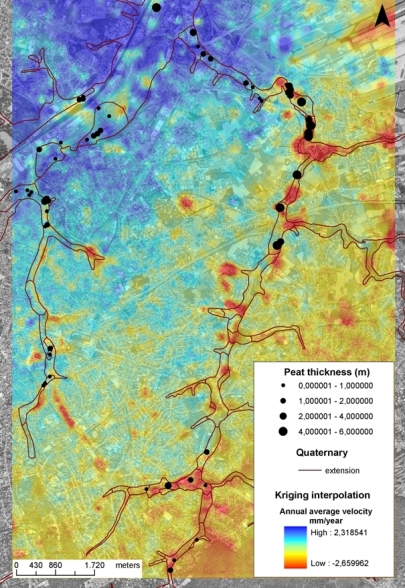 Caption: Figure 5. Kriging interpolation on the Maelbeek (left) and Woluwe (right) rivers in the eastern part of Brussels. Black dots correspond to peat layers. Brown lines delimit the extension of alluvial Quaternary deposits.