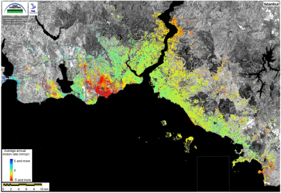 Caption: Figure 8 – Effective Subsidence map of Istanbul derived from PSI data. Green = stability, grading through yellow to red = high subsidence areas (courtesy, TRE & Terrafirma).