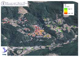 Figure 2. Landsliding and PSI results over Cutigliano village (Italy). Green = stability, through yellow to red = high deformation (courtesy University of Florence & TRE).