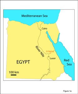 Fig. 1: (a) Schematic map of Egypt. Notice u-bend in River Nile near Luxor. (b) Landsat image of Theban Hills and U-bend of Nile, near Luxor. Limestone plateau (Thebes Formation) dips gently to NNW, away from escarpment of cliffs. Theban Mapping Proj