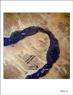 Landsat image of Theban Hills and U-bend of Nile, near Luxor. Limestone plateau (Thebes Formation) dips gently to NNW, away from escarpment of Theban cliffs. Theban Mapping Project.