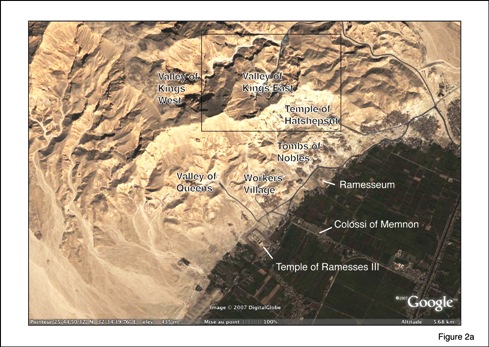 Fig. 2: (a) Satellite image of Theban Necropolis, showing Valley of Kings, Valley of Queens, Tombs of Nobles, Worker’s Village, mortuary temples of Ramesses III and Hatshepsut, and Colossi of Memnon. Source of image: Google Earth.