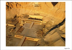 Fig. 3: (a) Oblique view northward over Theban Cliffs and Temple of Hatshepsut, from hot-air balloon. Temple lies on Esna Shale, against limestone cliffs of Thebes Formation (Member I). ©: Authors.