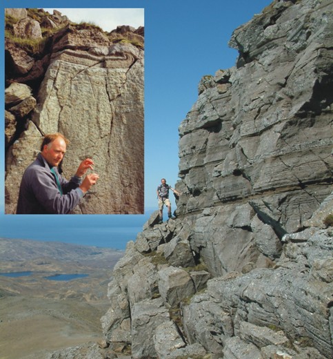 Figure 3 The classic igneous layering was one of the main attractions of the igneous centre on Rum. Inset - the late Bob Hunter explaining the intricate layers caught up in ductile folds on the slopes of Hallival (photo from the early 90s).