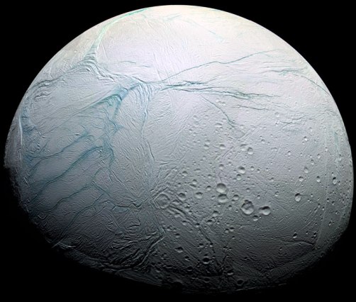 Saturn's moon Enceladus, as seen by the orbiter Cassini. NASA/Cassini Imaging Team. The moon is c. 500km in diameter.