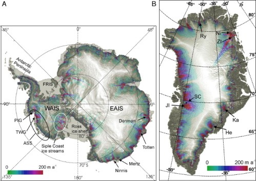 Surface topography and steady-state flow rates for the Antarctic ice sheet. Key locations and features, discussed in the text are labelled. PIG =Pine Island Glacier; TWG = Thwaites Glacier; ASS = Amundsen Sea Sector; FRIS = Filchner Ronne Ice Shelf.