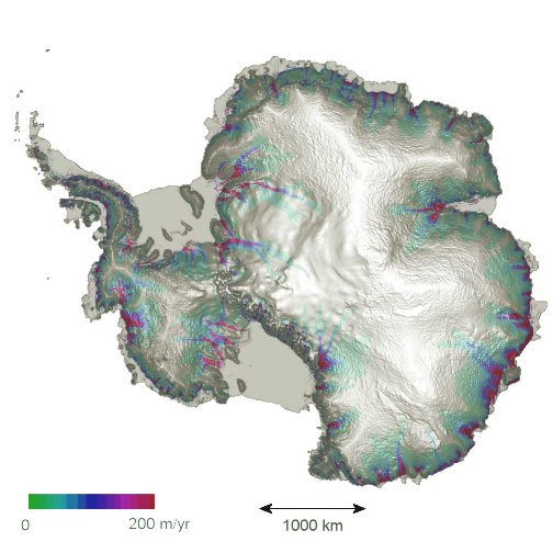 Estimated steady-state velocities for the ice covering Antarctica shown in colour. They are superimposed on a greyscale shaded relief digital elevation model of the ice sheet showing the main drainage basins, ice shelves and ice divides.