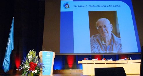 Sir Arthur C Clarke makes his last public statement by audio tape at the launch of the International Year of Planet Earth. He died a few weeks later.