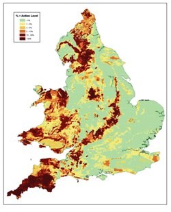 Radon potential map of England and Wales © British Geological Survey and Health Protection Agency copyright [2007], Ordnance Survey data are used with the permission of the Controller of HMSO; Licence number 100037272/2008