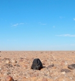 The Almahata Sitta meteorite #15 in situ on the desert floor during its find on 8 December2008, much as it fell on October 7 earlier that year. Photo: P Jenniskens, SETI Institute.