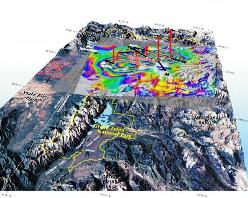Digital elevation map of Yellowstone and Grand Teton national parks overlaid with elevation change data (colours) from Global Positioning System receivers and satellite measurements. The red arrows pointing up represent uplift of the caldera.