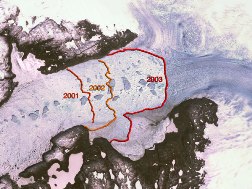 Jakobshavn Glacier Retreat 2001-2003: Jakobshavn Isbrae holds the record as Greenland's fastest moving glacier and major contributor to the mass balance of the continental ice sheet. NASA