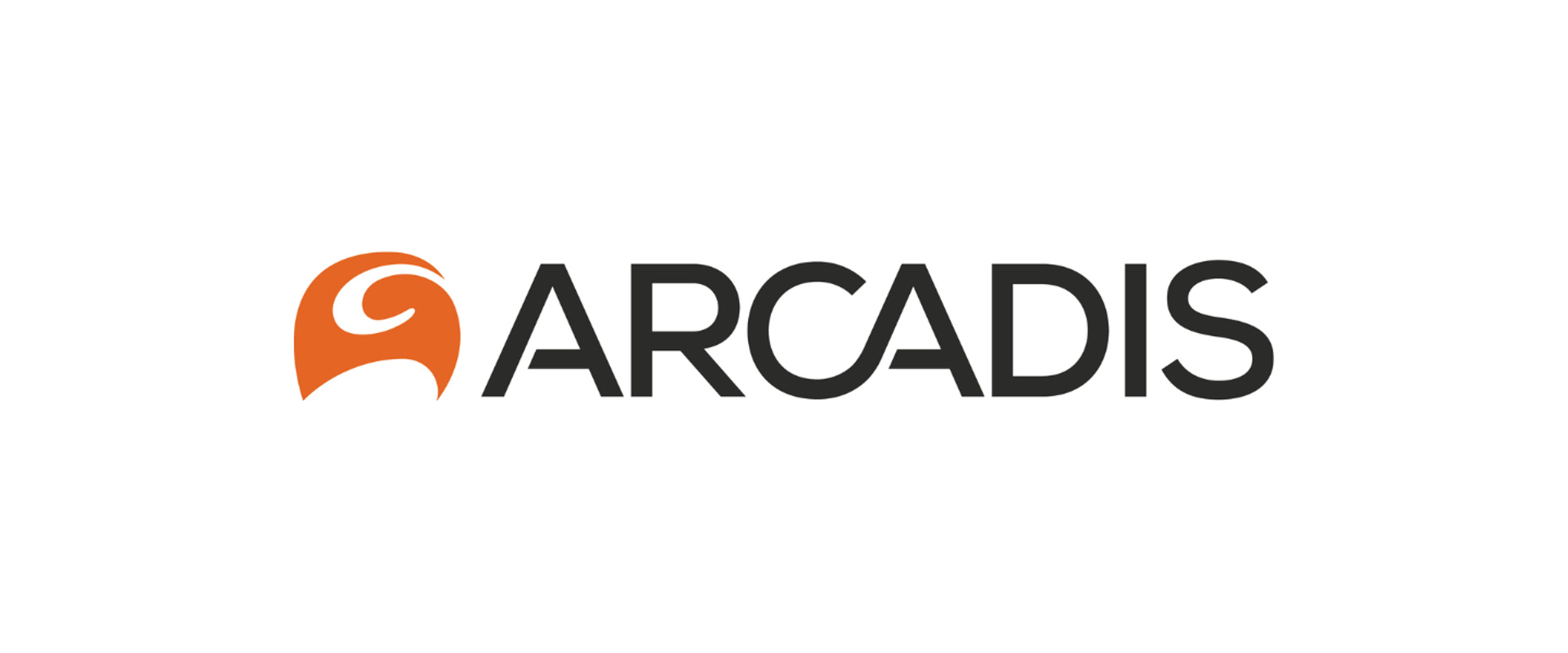Arcadis logo featuring an orange stylised emblem above a curved orange shape, positioned to the left of the company name “ARCADIS” in large black capital letters on a light grey background.