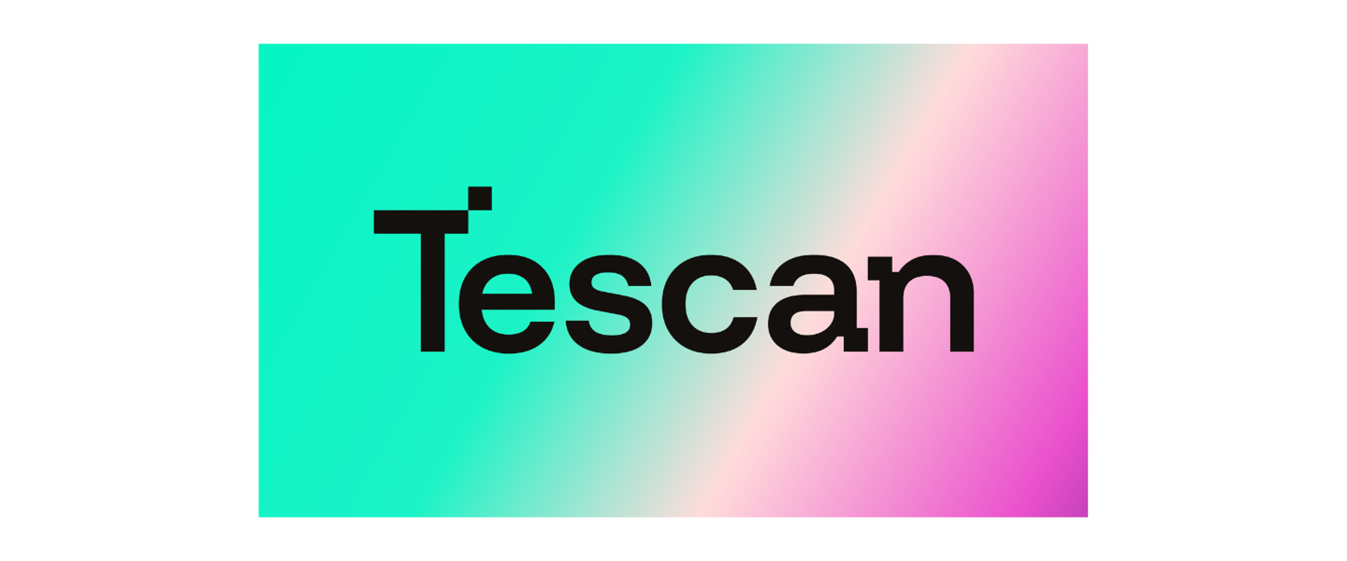 Tescan logo with the word “Tescan” in bold black text, centered on a rectangular background featuring a smooth gradient transitioning from turquoise green on the left to pink and purple on the right.