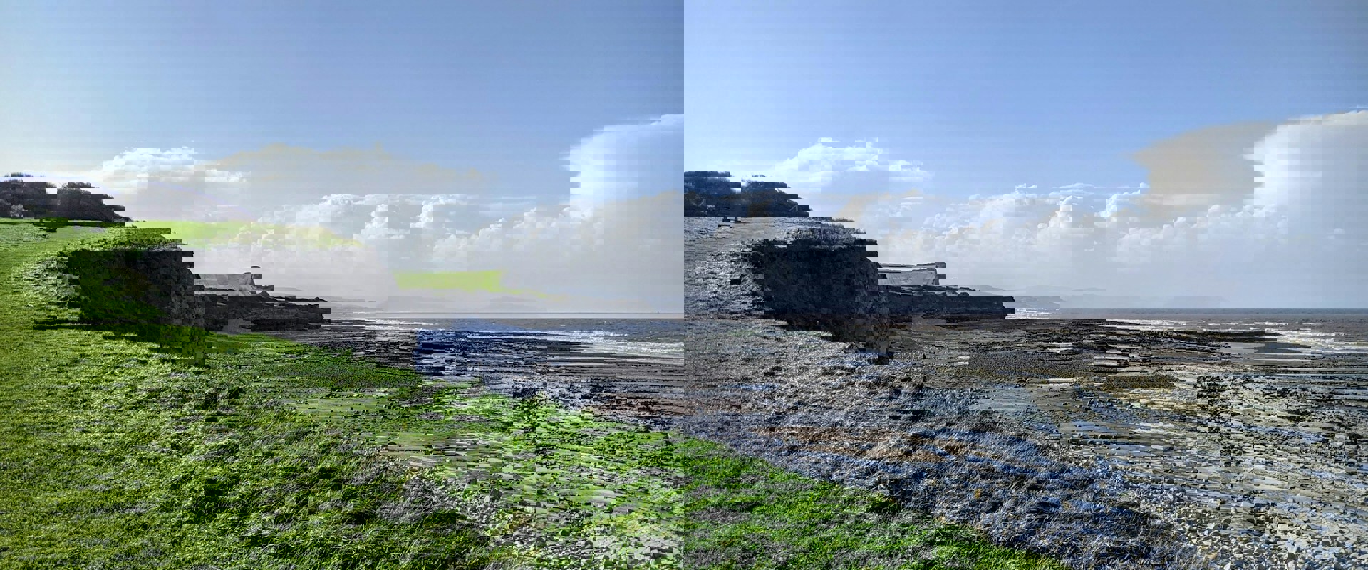 coastal area with grassy cliffs and swirling rock faults heading out to sea