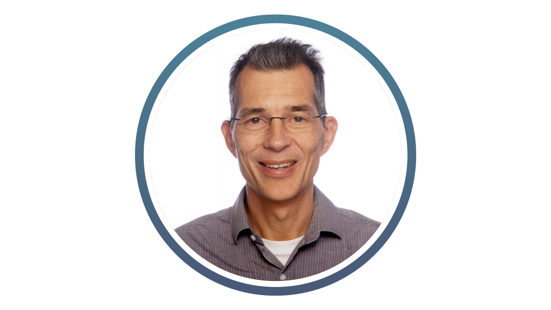 Portrait of a person with blurred face, wearing a striped shirt and white undershirt, against a white background with a blue circular border.