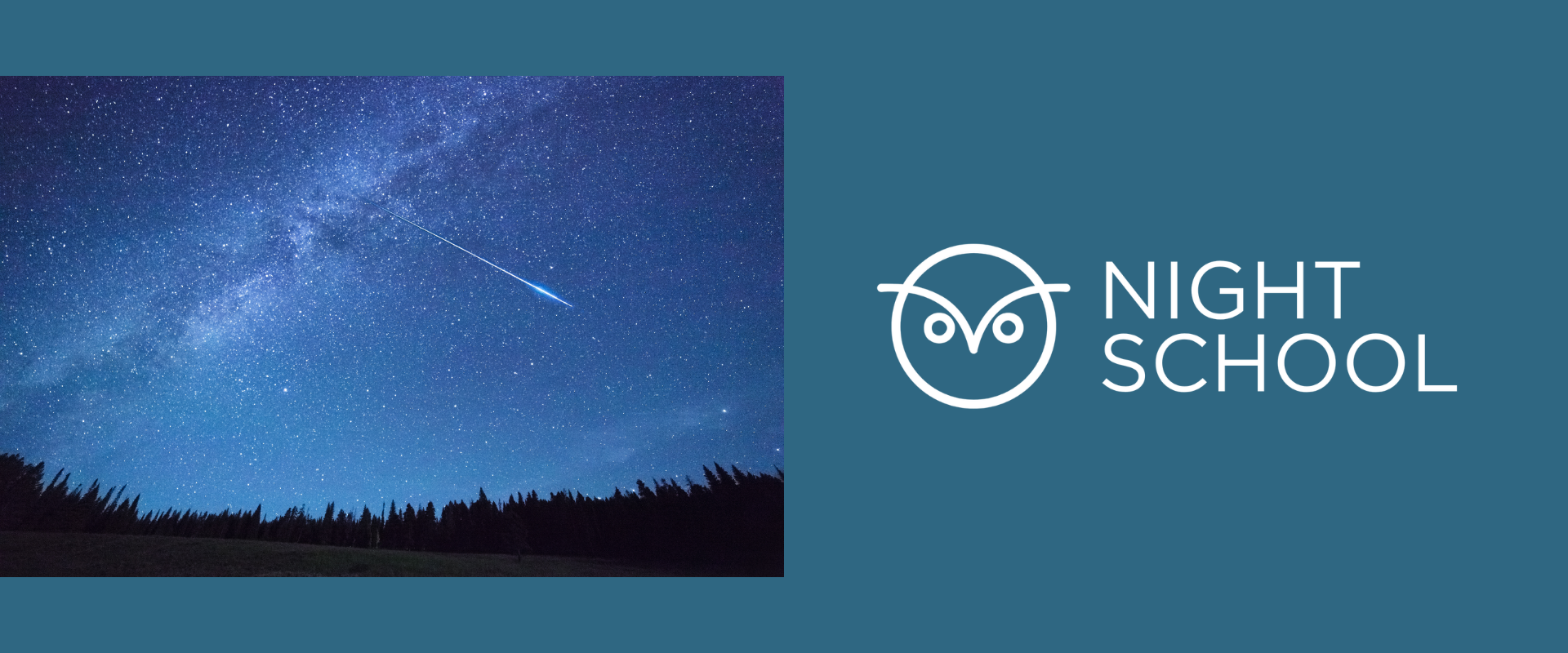 Title slide for a Night School presentation on meteorites. The slide features a blue-green background with a photograph of a star-filled night sky on the left, showing the Milky Way and a bright meteor streaking diagonally across the sky above a dark forest silhouette. On the right is the white Night School logo, consisting of a stylized owl icon and the words “NIGHT SCHOOL” in large uppercase letters.