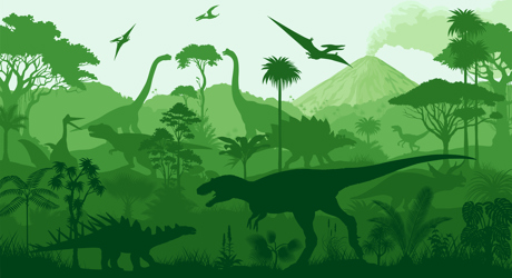 silhouettes of various dinosaurs and a volcano in shades of green