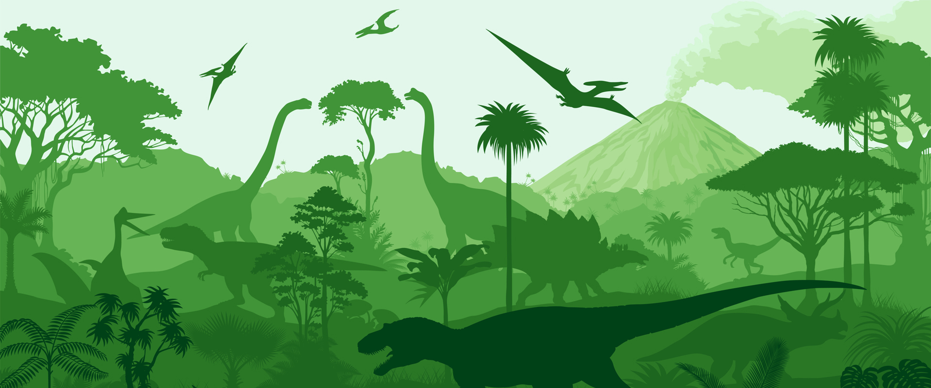 silhouettes of various dinosaurs and a volcano in shades of green