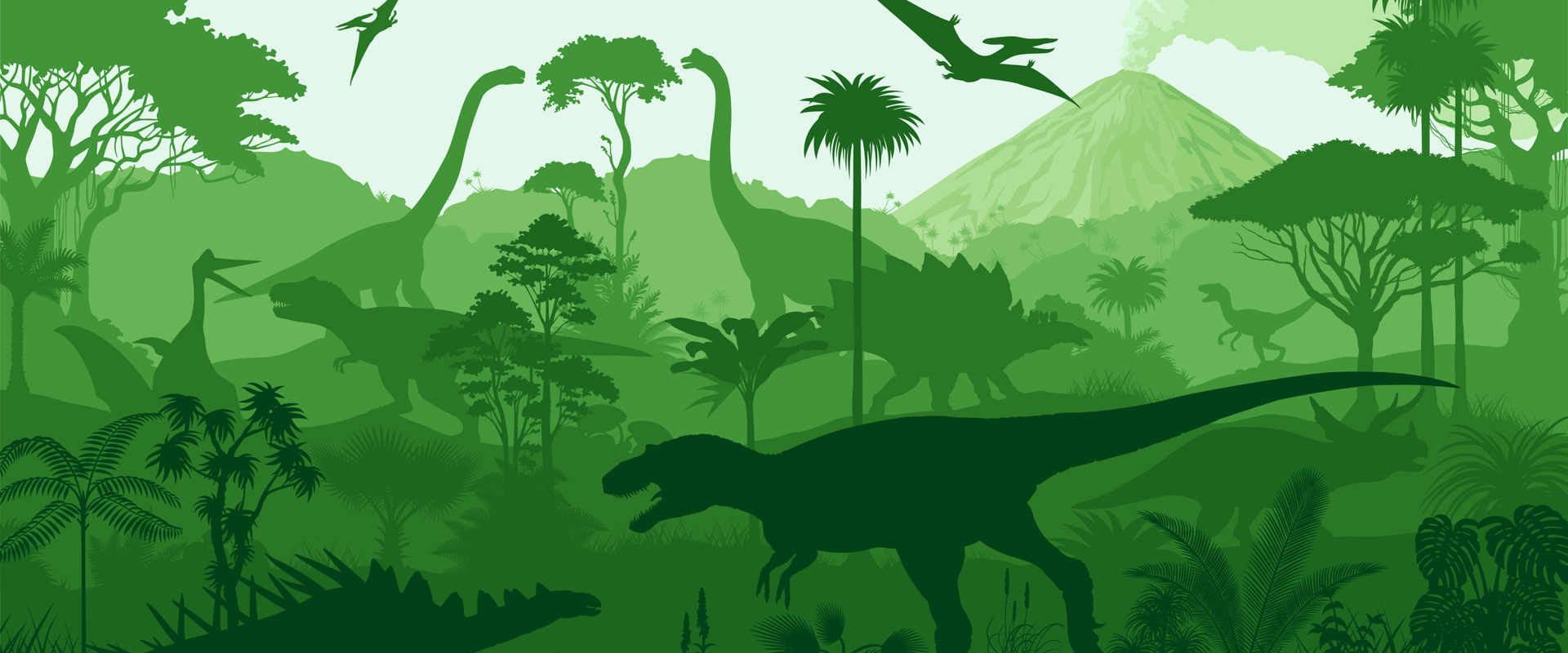silhouettes of various dinosaurs and a volcano in shades of green