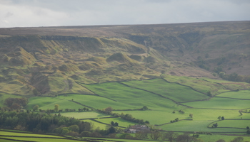 "A landscape of rolling green fields bordered by stone walls, with hills and rocky terrain rising in the background under a partly cloudy sky."