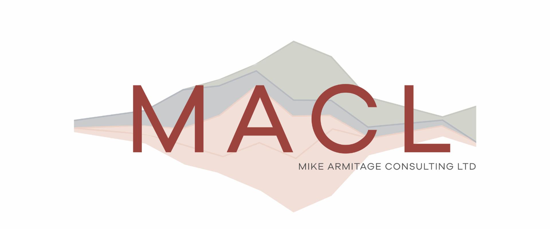 A minimalist corporate logo on a light grey background featuring large, bold red letters “MACL” centered across stylized overlapping shapes that resemble layered mountains or geological strata in muted tones of grey, blue, and beige. Beneath the letters, smaller grey text reads “MIKE ARMITAGE CONSULTING LTD,” aligned to the right.