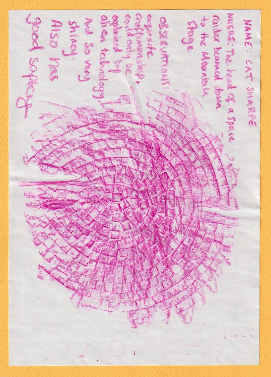A scan of a crayon-rubbed image with handritten text, represting the 'shiniest thing' found. 