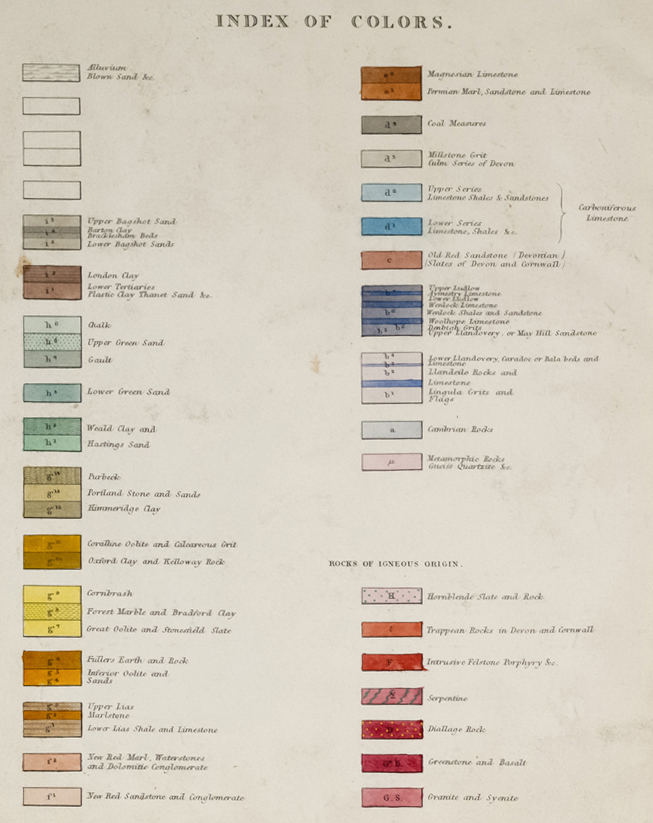Colour key for the 3rd edition of Greenough's Geological Map of England and Wales (1865)