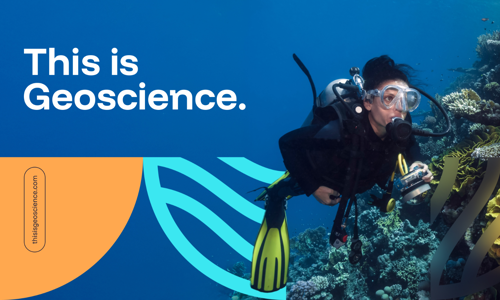 this is geoscience written across a blue background with image of woman diving underwater to the right