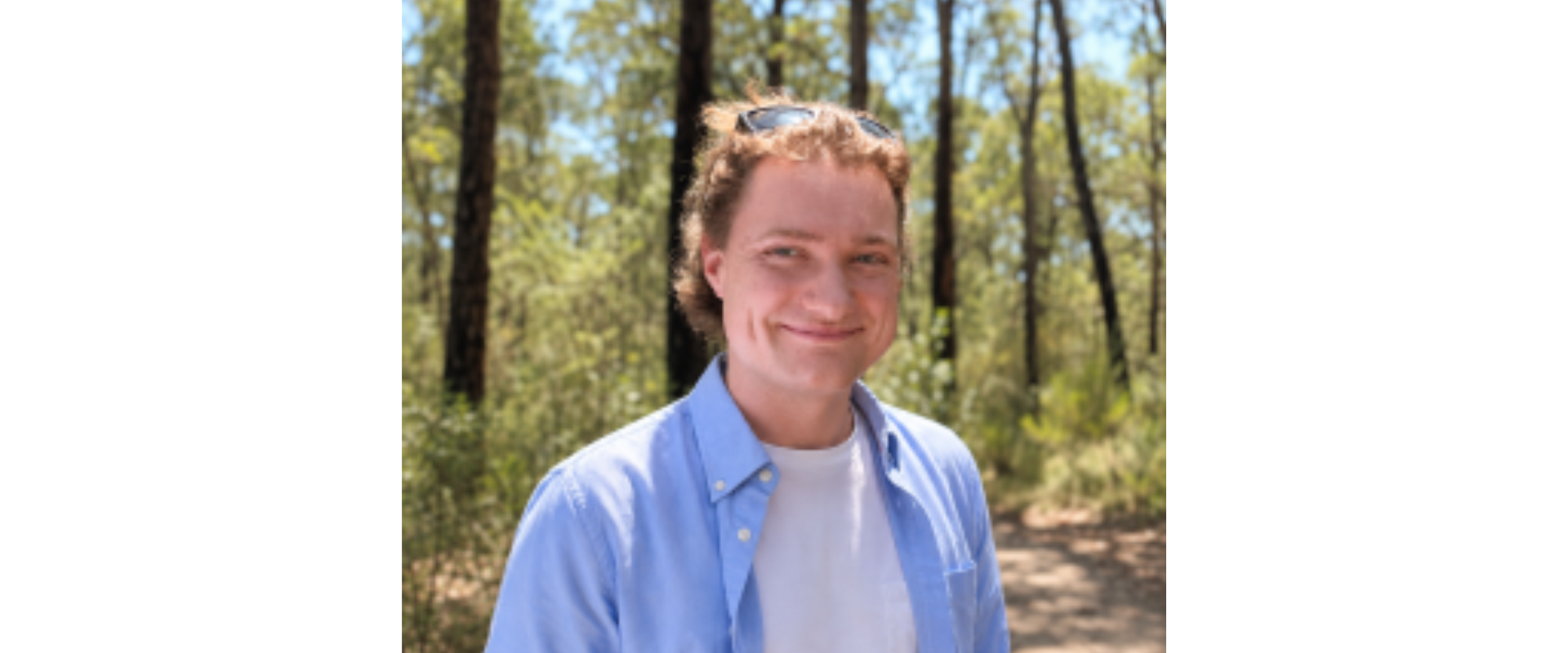 Portrait of a person standing outdoors on a sunlit woodland path. The person is wearing a light blue button-up shirt over a white T-shirt, with sunglasses resting on top of the head. Trees and green vegetation fill the softly blurred background, and bright natural light illuminates the scene.