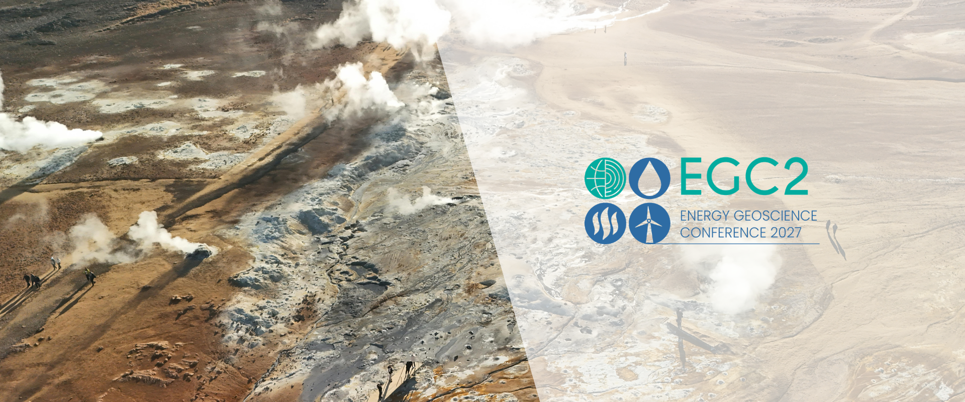 Aerial view of a geothermal area with steam vents and barren terrain, overlaid with the EGC2 Energy Geoscience Conference 2027 logo.