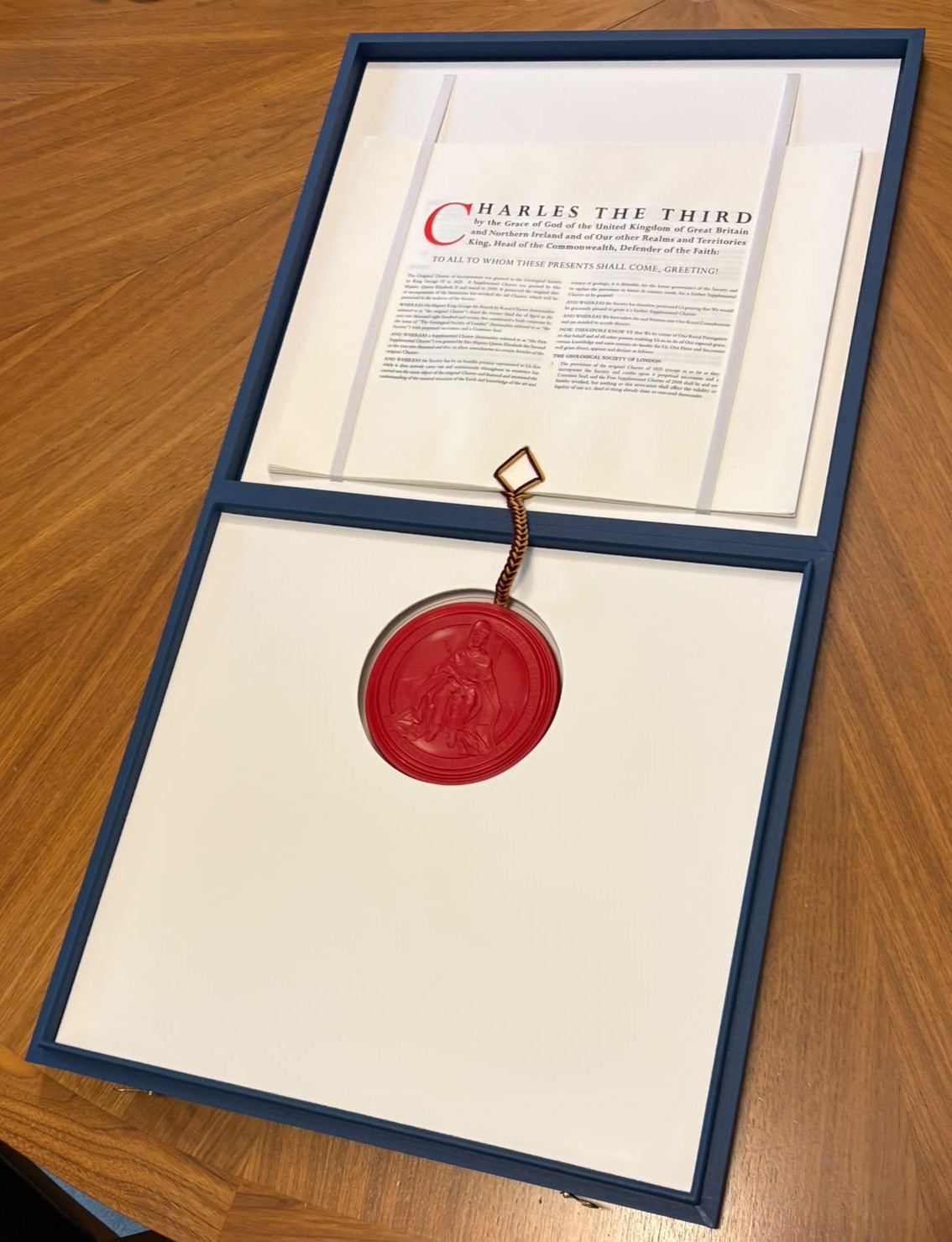 An official document, the Geological Society's Supplemental Charter, with King Charles III Crown Seal