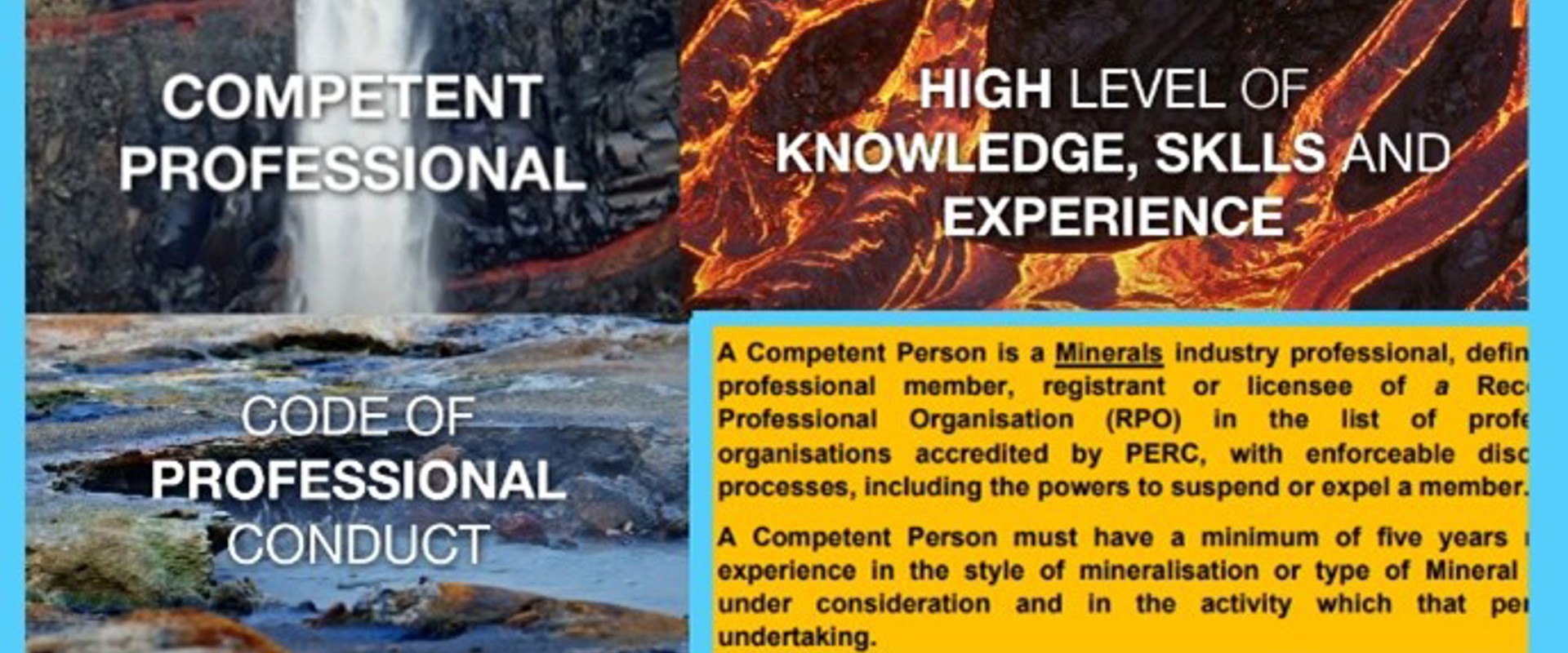“Text graphic emphasizing "Competent Professional," "High Level of Knowledge, Skills, and Experience," and a code of conduct for minerals industry professionals.”