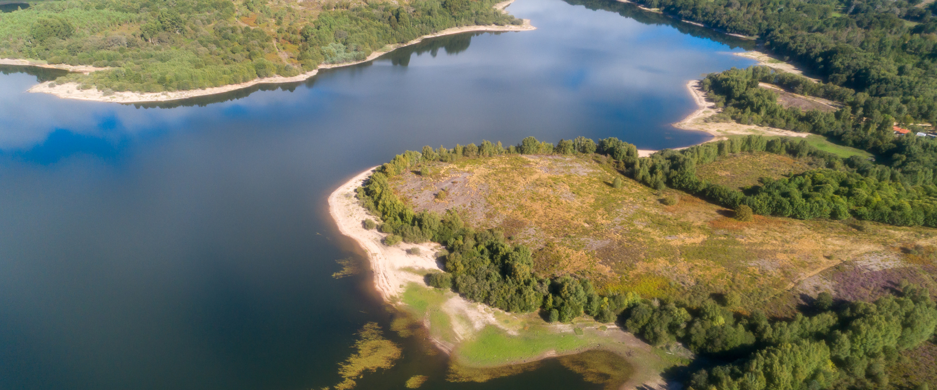A wide aerial view of a large lake surrounded by green woodland and rolling hills. The shoreline curves around several inlets, with patches of sandy or rocky banks visible along the water’s edge. The foreground shows a small peninsula covered in low vegetation, leading into calm, reflective blue water. In the distance, more forested hills and a small cluster of buildings are visible.