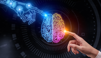 A glowing digital illustration of a brain divided into two halves—one blue and circuit-like, the other pink and organic—floating against a dark, futuristic interface. A robotic hand reaches toward the left side of the brain, while a human hand reaches toward the right, with their fingertips almost touching.