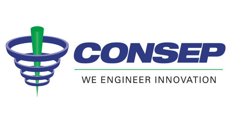 Logo for CONSEP featuring a stylised green drill bit or cone-shaped tool surrounded by four blue circular rings on the left. To the right, the company name "CONSEP" appears in large bold blue capital letters. Beneath the company name is a thin green horizontal line and the slogan "WE ENGINEER INNOVATION" in black capital letters. The logo is displayed on a light grey background.