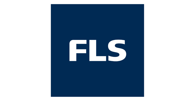 FLS logo displayed in white capital letters centered inside a dark navy-blue square on a light gray background. The design is simple and minimalist, with the letters “FLS” prominently featured in a bold sans-serif typeface.