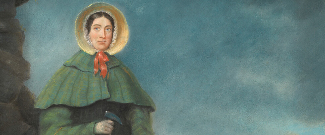 The famous portrait of Mary Anning, with her dog Tray between an ammonite and ichthyosaur, and Golden Cap cliff in the background, after recent conservation. This pastel version was painted in 1850 by Benjamin J.M. Donne, a former pupil of George Roberts at Lyme Regis. Source: GSL/POR/1, copyright and reproduction courtesy of the Geological Society of London.